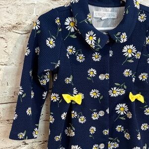 Nanette Baby Navy Daisy Pleated Dress Coat with Yellow Accents